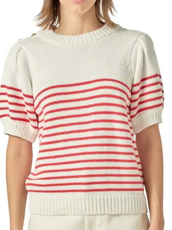 English Factory Sweaters - NWT English‎ Factory Striped Puff Sleeve Sweater Off White/Red, Size Large